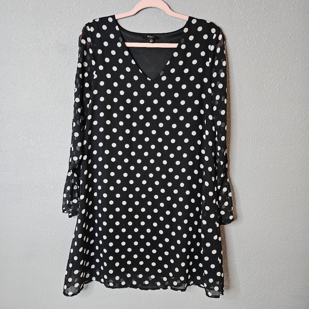 Cupio Dress Womens‎ Medium Black White Polka Dot Long Sleeve Sheer A-Line Chic